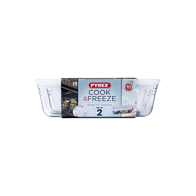 Комплект от 2 броя правоъгълни контейнера за храна, с капаци, изработени от термоустойчиво стъкло "Cook & Freeze", 1.5L / 2.6 L - Pyrex