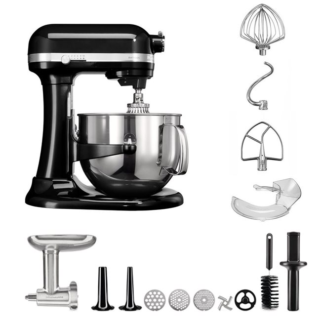 Стоящ миксер Bowl-Lift, 6.9L, с приставка за месомелачка, Artisan, Onyx Black - KitchenAid