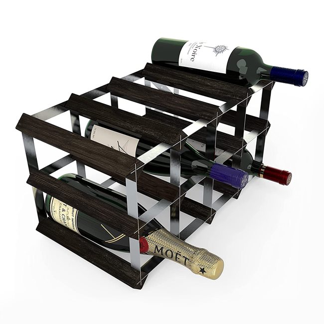 Поставка за 12 бутилки вино, борова дървесина, цвят "черен ясен", сглобена - RTA