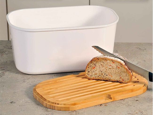 Кутия за хляб с дъска за рязане, 37 x 21,5 см, меламин, бяло - Kesper