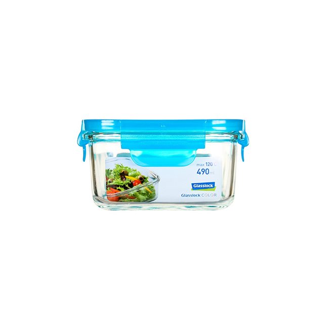 Квадратен контейнер за съхранение на храна, стъкло, 490 мл, син, "Цвят" - Glasslock