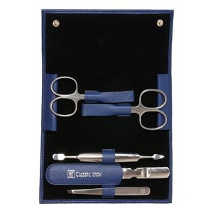 Комплект за маникюр от 5 части, кожен портфейл с телчета, син - Zwilling Classic Inox