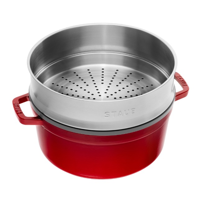 Чугунена тенджера за готвене Cocotte, с аксесоар за готвене на пара, 24cm/3.79L, <<Cherry>> - Staub