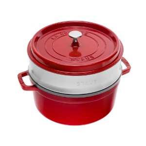 Чугунена тенджера за готвене Cocotte, с аксесоар за готвене на пара, 24cm/3.79L, Cherry - Staub