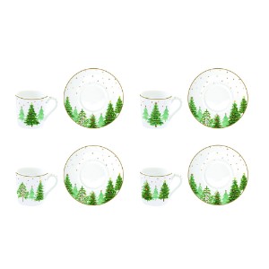 Комплект 4 чаши за чай с чинийки, порцелан, 100 мл, "Festive TREES" - Nuova R2S