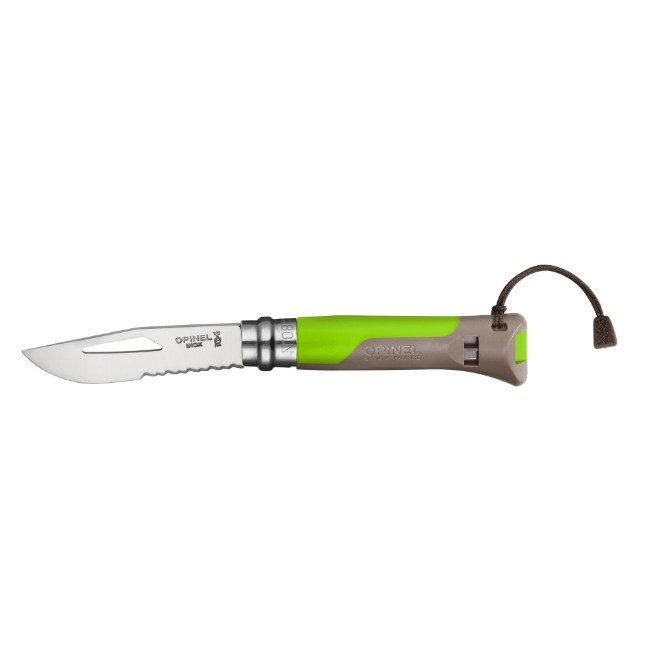 N°08 джобен нож със свирка, неръждаема стомана, 8,5 см, "Outdoor Junior", зелен - Opinel