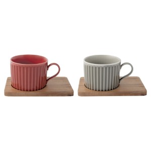 Комплект 2 порцеланови чаши, с дървени чинийки, 250мл, "Take a Break", Червена/Сива - Nuova R2S