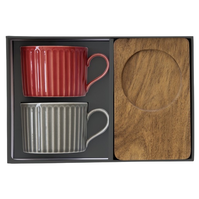 Комплект 2 порцеланови чаши, с дървени чинийки, 250мл, "Take a Break", Червена/Сива - Nuova R2S