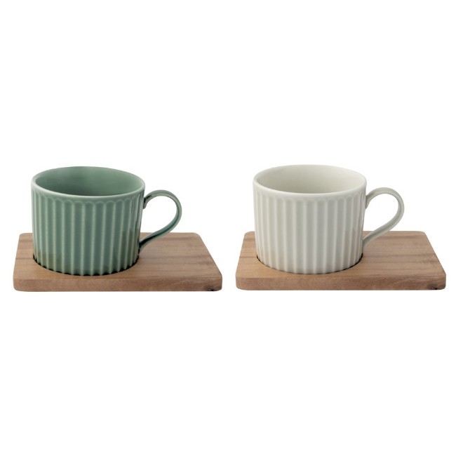 Комплект 2 порцеланови чаши, с дървени чинийки, 250мл, "Take a Break", Зелено/Бяло - Nuova R2S